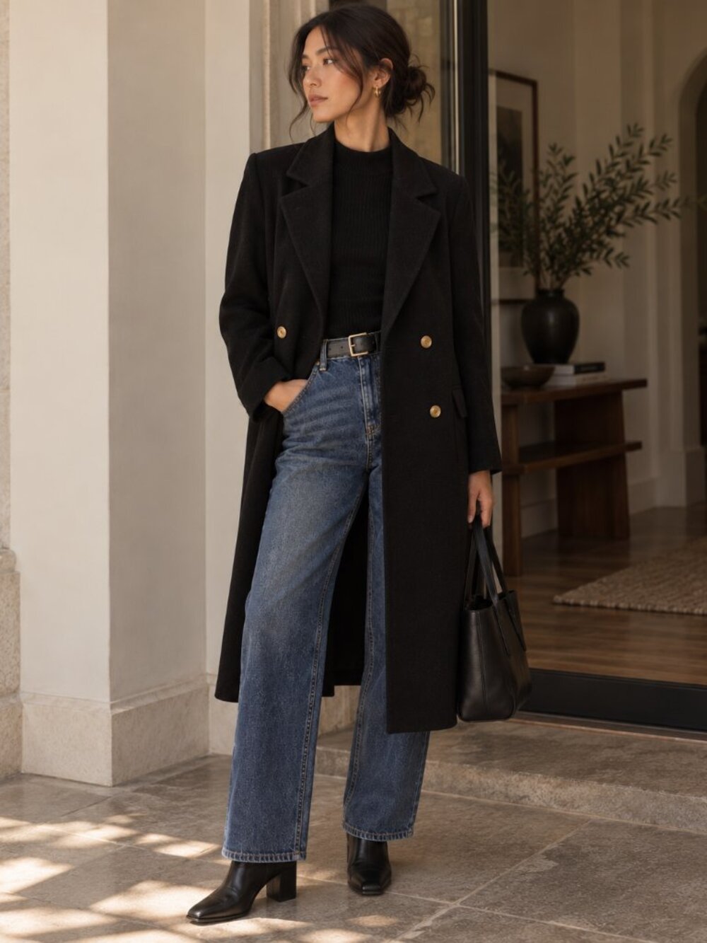 Vintage Black Wool Double Breasted‎ Maxi Coat Oversized XL ✨